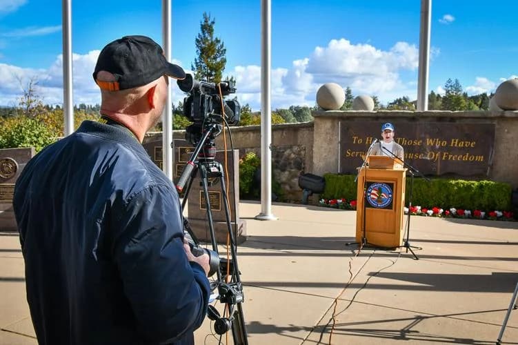 Shanon Mendez speaking at the 2020 Veterans Day event in Placerville, California
